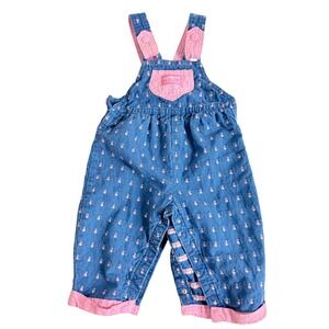 Vintage Girls Oshkosh Denim Print Bow Detail Overalls Size 18 Months